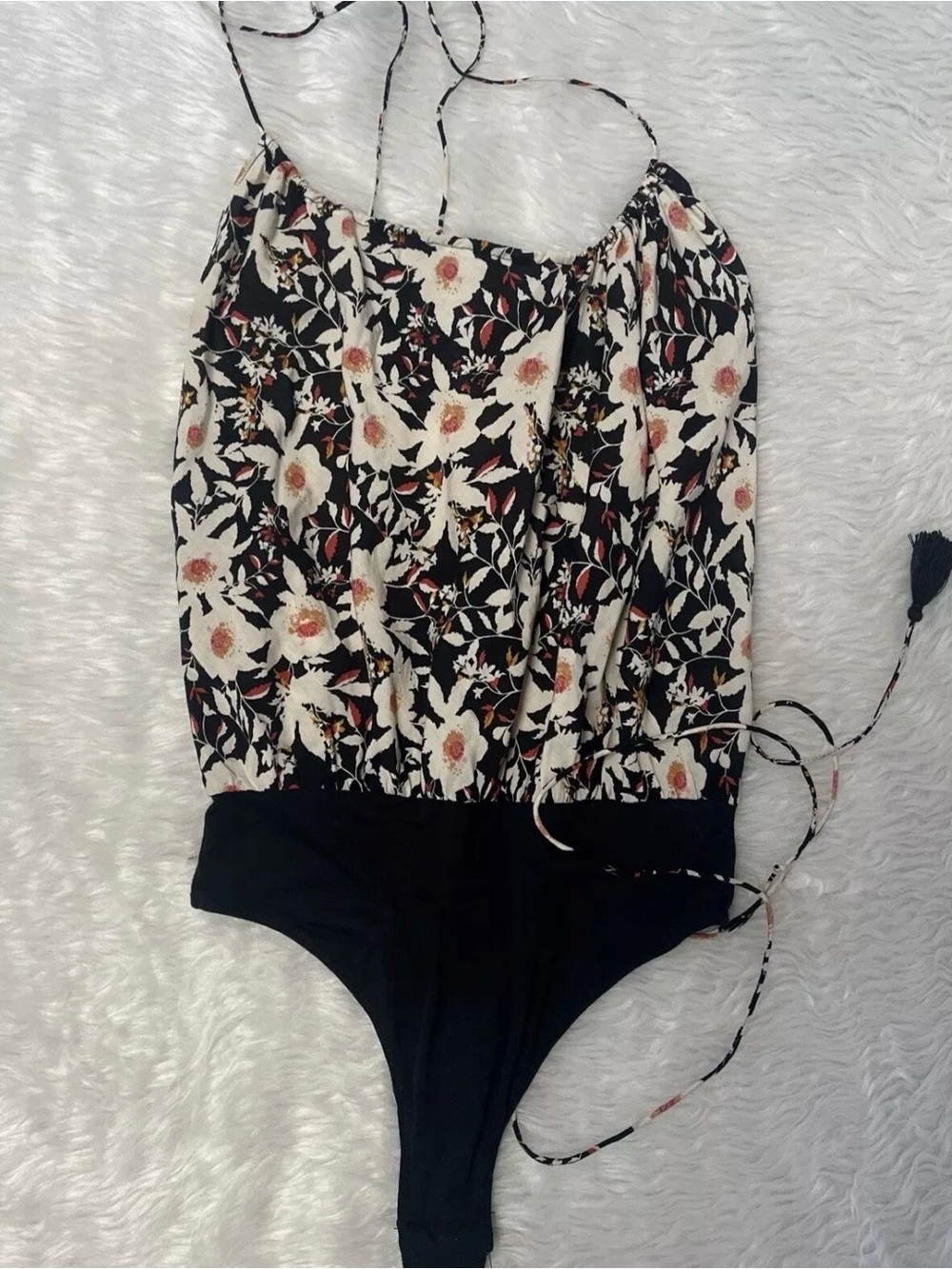 Free People Floral Drawstring Cami in Black and Cream